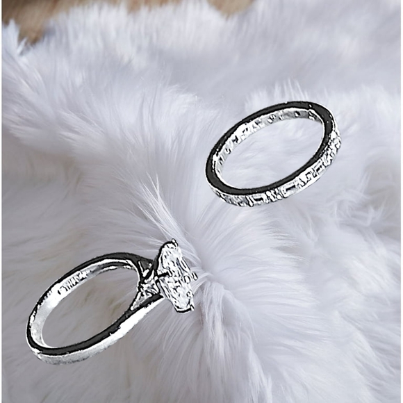 Sterling Silver Engagement Ring Set with Brilliant Square Cut/Baguette CZ Stones - Picture 4 of 11